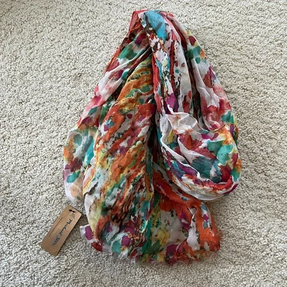 New Michael Stars scarf wrap fringe splatter colorful sheer spring light modal - Picture 3 of 6